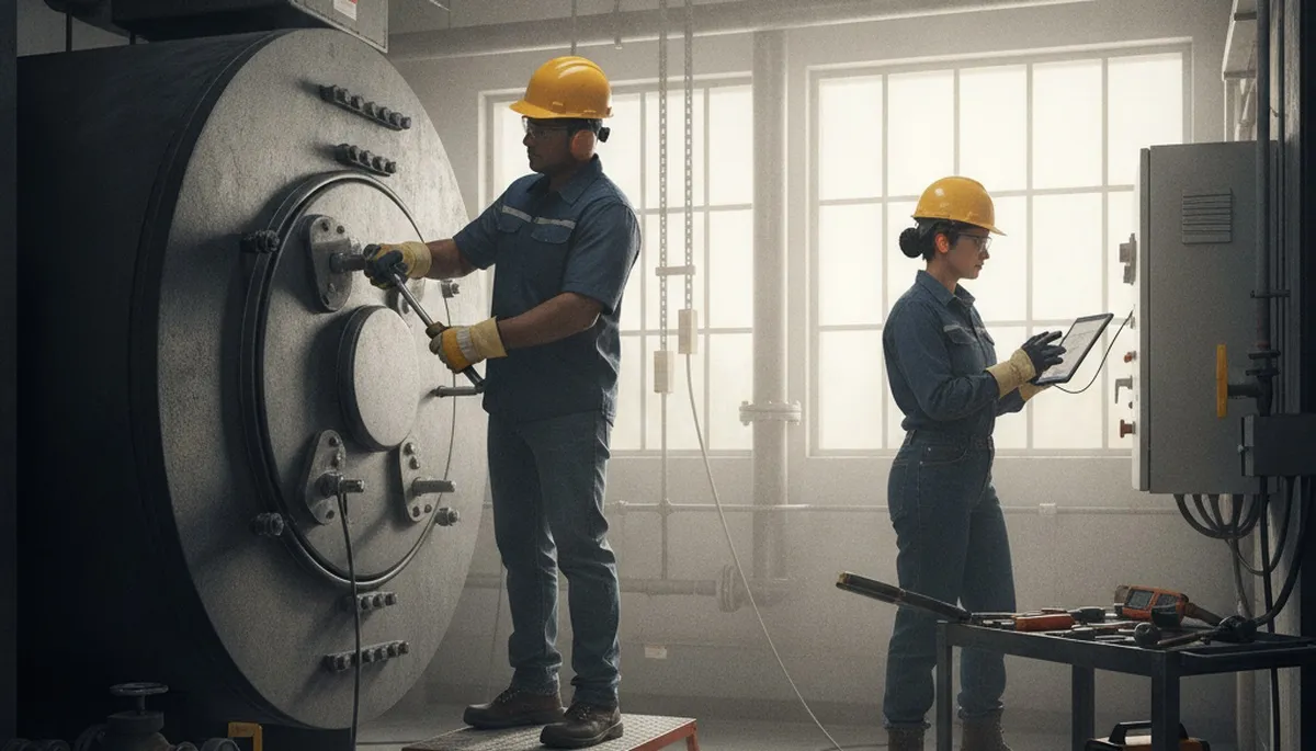 Denver, CO boiler repair technician servicing a residential heating system for winter comfort
