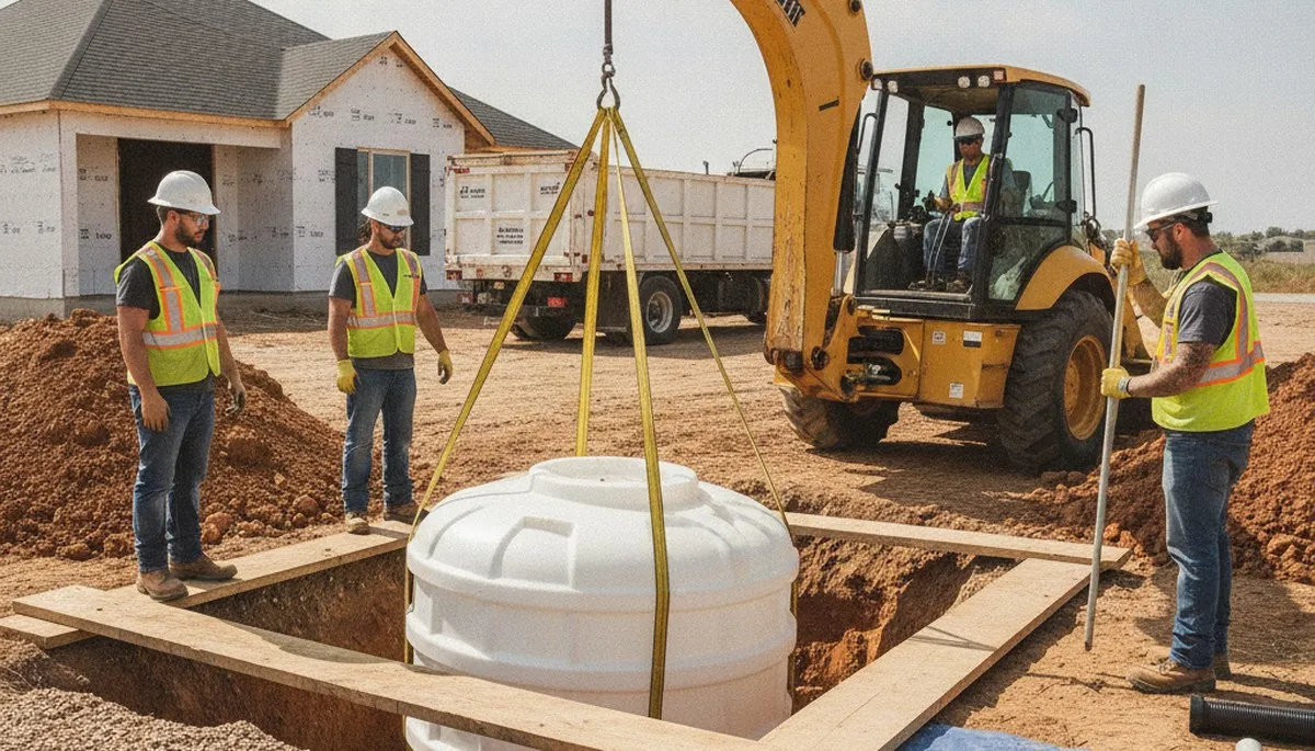 Denver, CO plumbers installing a septic tank for a home service project